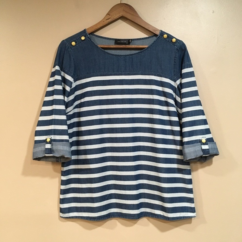 The Limited Striped Chambray Denim Top Womens M Blue Nautical Coastal Preppy